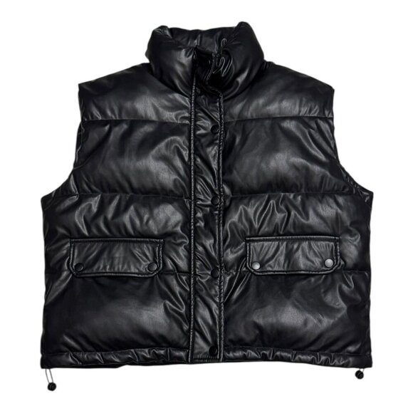 GUESS Faux Vegan Leather Black Designer Winter Puffer Parka Vest Womens XL - Picture 3 of 6